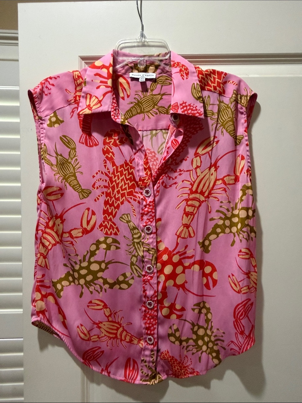 Sleeveless Button-Front Blouse in Pink with Red and Olive Print